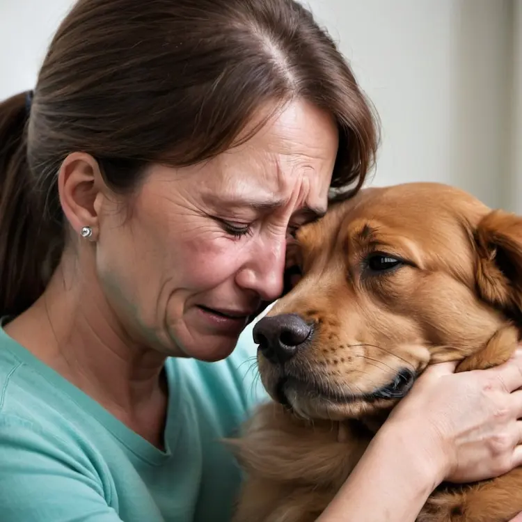 A woman, hugging her dog and crying.