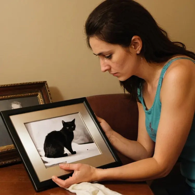 A woman, looking at a picture of her cat, who has passed.