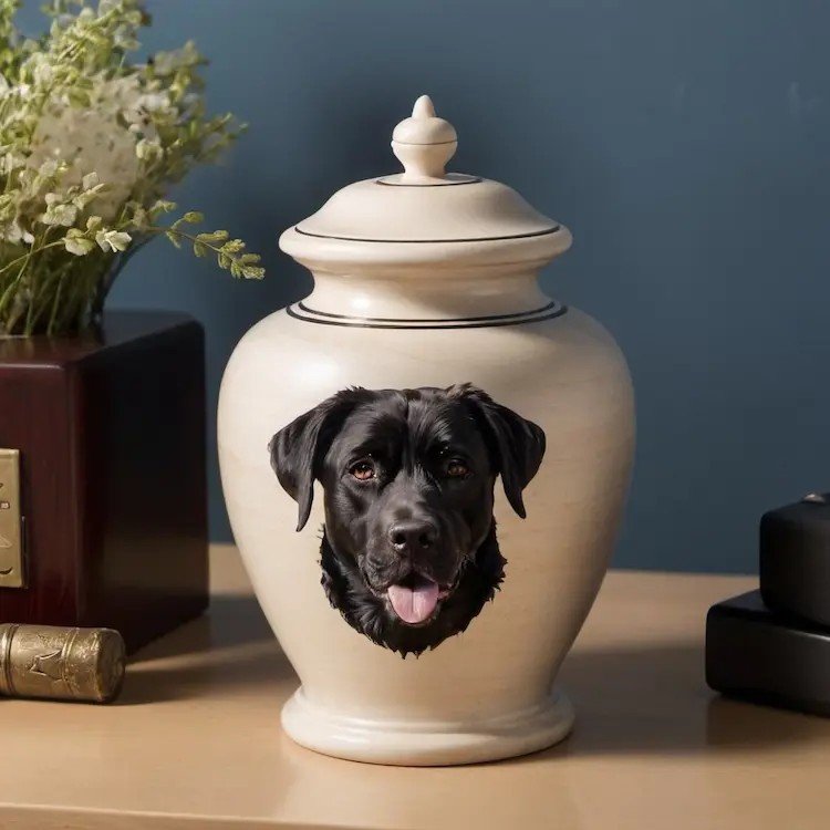 A pet cremation urn with a black dog painted on it.