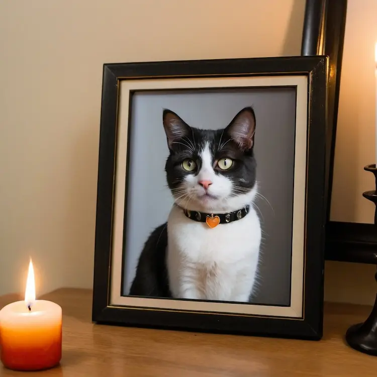 A picture of a black and white cat, next to a lit candle.