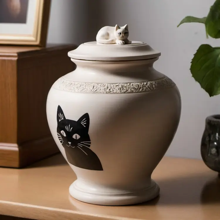 A cremation urn with a cat painted on it, and a little figurine of a cat on top of it.