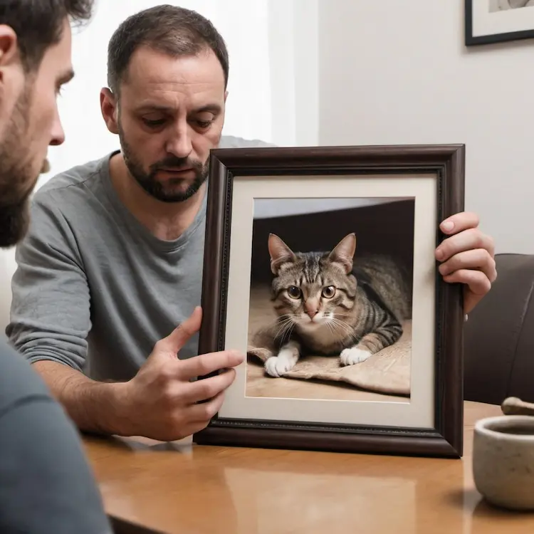 A man showing a picture of his cat to another man. 