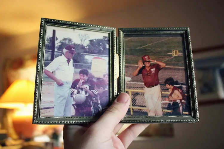 Two pictures of men playing baseball.