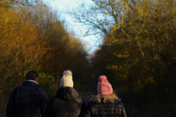 Three people walking through woods.