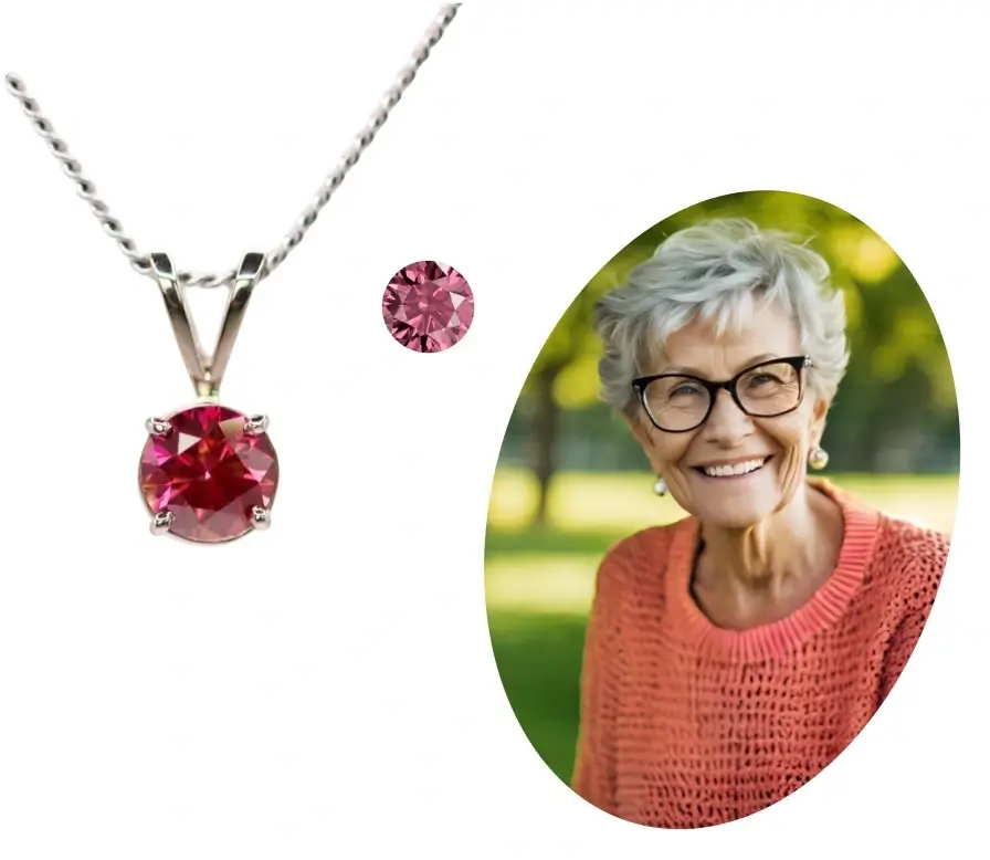 From left to right: a pink round cut memorial diamond in a pendant, a pink round cut memorial diamond, an older woman, smiling at the camera.